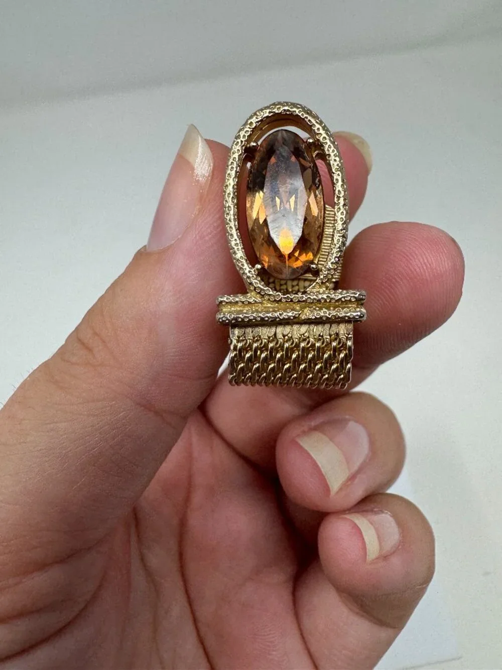 Vintage Gold Tone Mesh Wrap Cufflinks Amber Glass Mid-Century